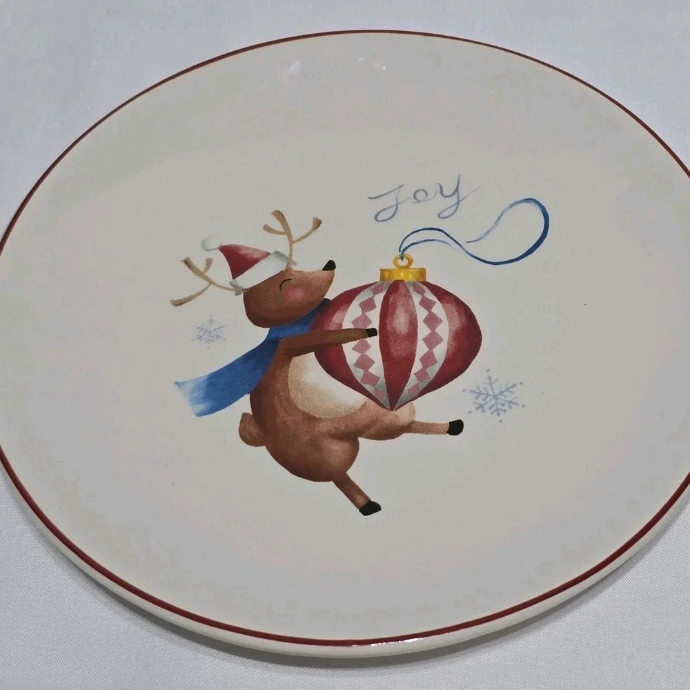Pier 1 Christmas Appetizer Plates Set 4 Cream Santa Reindeer Snowman 6.25in